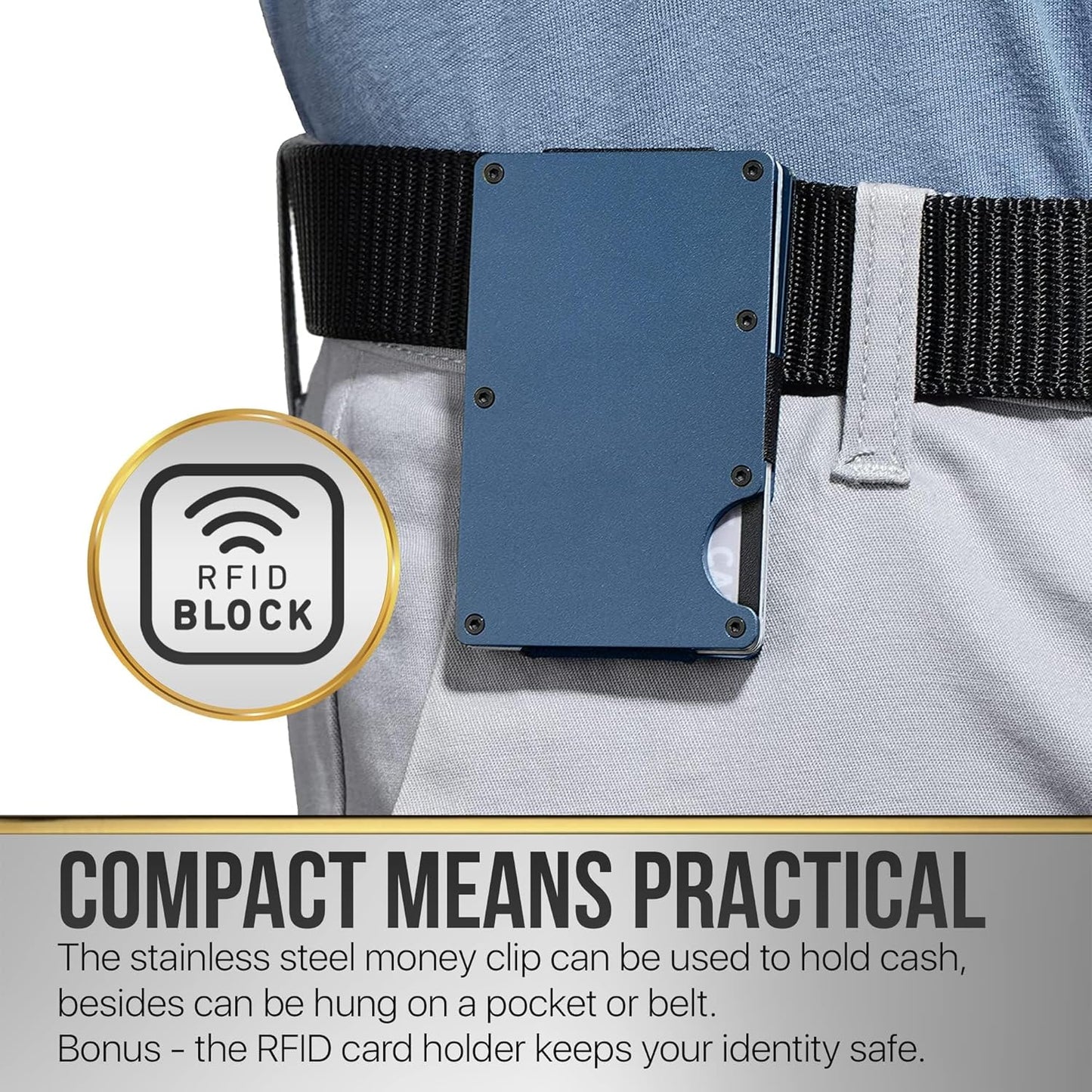 Claasico Slim Metal Wallet & Money Clip with Expandable Elastic Strap - Nevy Blue