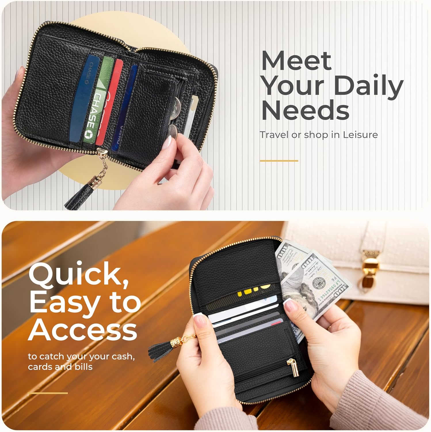 Ultra Slim Ladies Genuine Leather Bifold zipper wallet