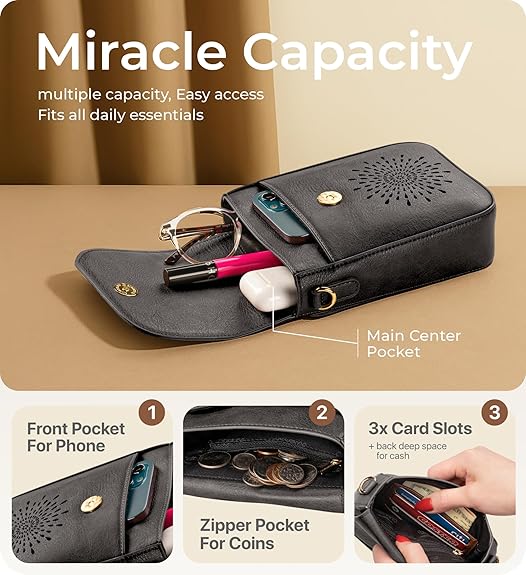 RFID Phone Purse Crossbody Bag for Women - Vintage Black Pattern