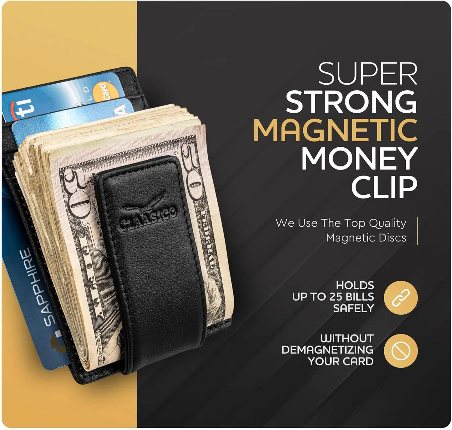 Money Clip Leather Wallet For Men - Black Tumbled Leather