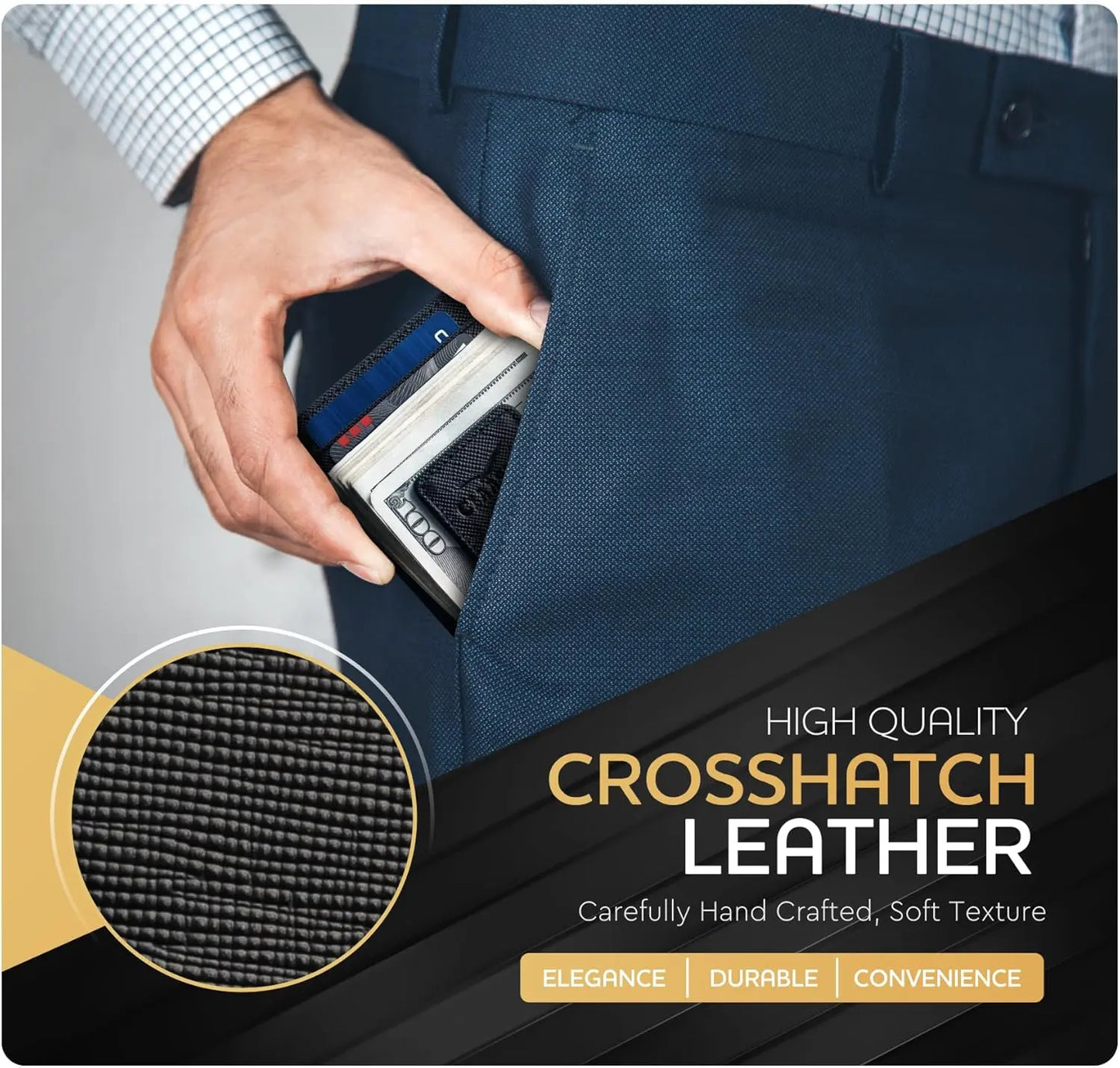 Money Clip Leather Wallet For Men - Crosshatch Black