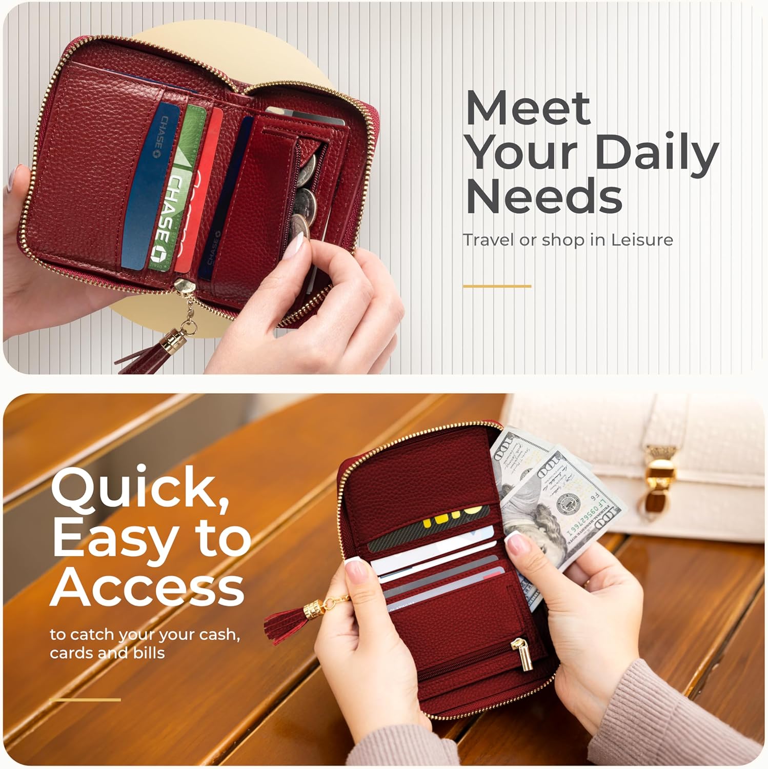 Ultra Slim Ladies Genuine Leather Bifold zipper wallet