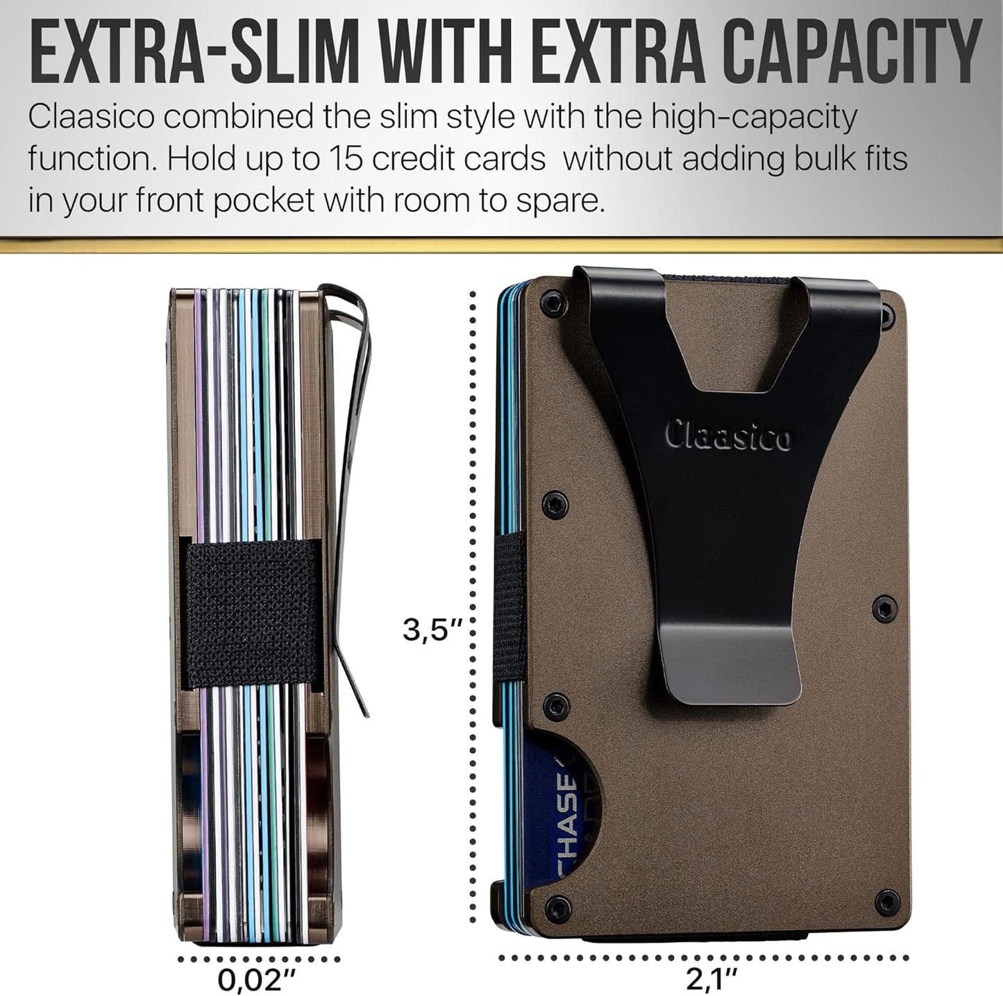 Claasico Slim Metal Wallet & Money Clip with Expandable Elastic Strap - Brown