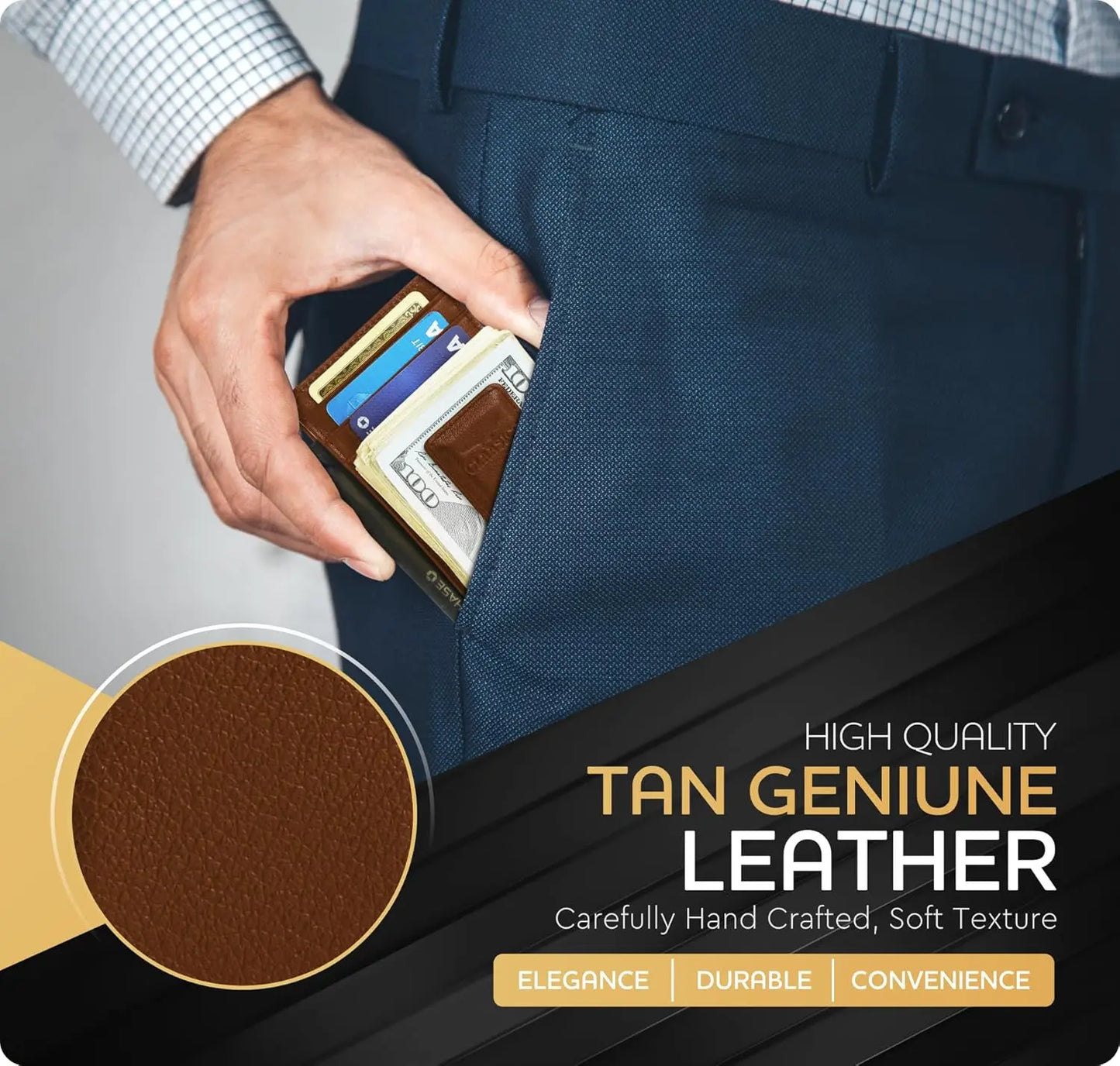 Money Clip Leather Wallet For Men - Tan