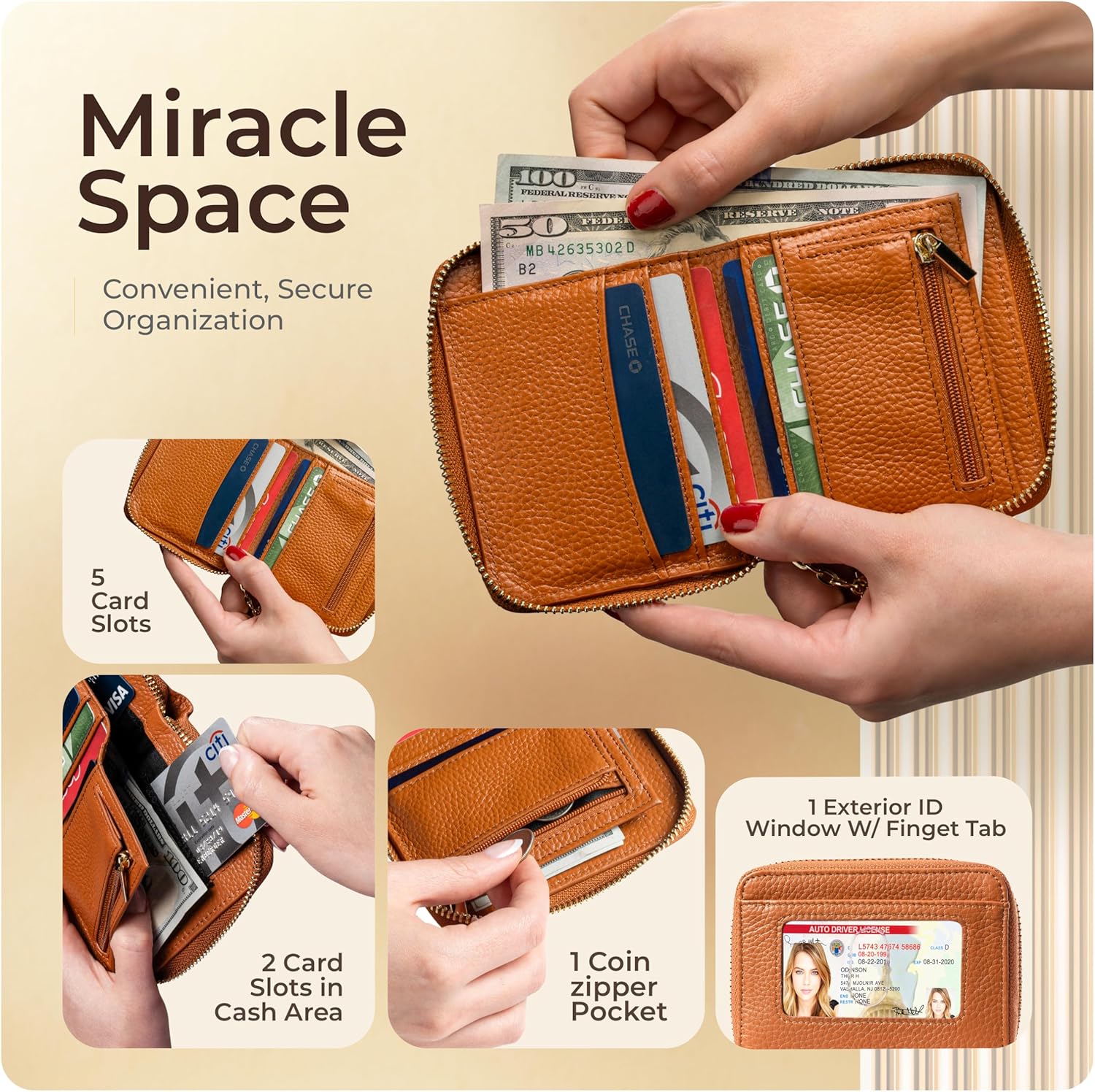 Ultra Slim Ladies Genuine Leather Bifold zipper wallet