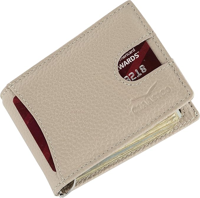 Small bifold leather money clip wallet with pull strap