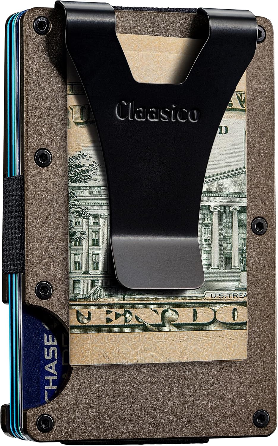 Claasico Slim Metal Wallet & Money Clip with Expandable Elastic Strap - Brown