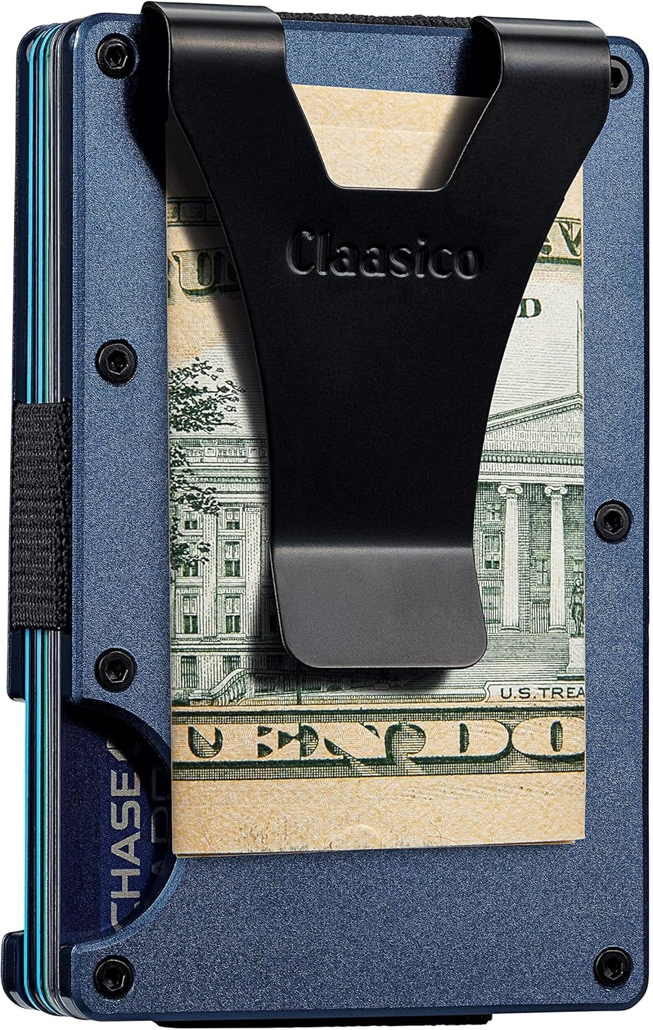 Claasico Slim Metal Wallet & Money Clip with Expandable Elastic Strap - Nevy Blue