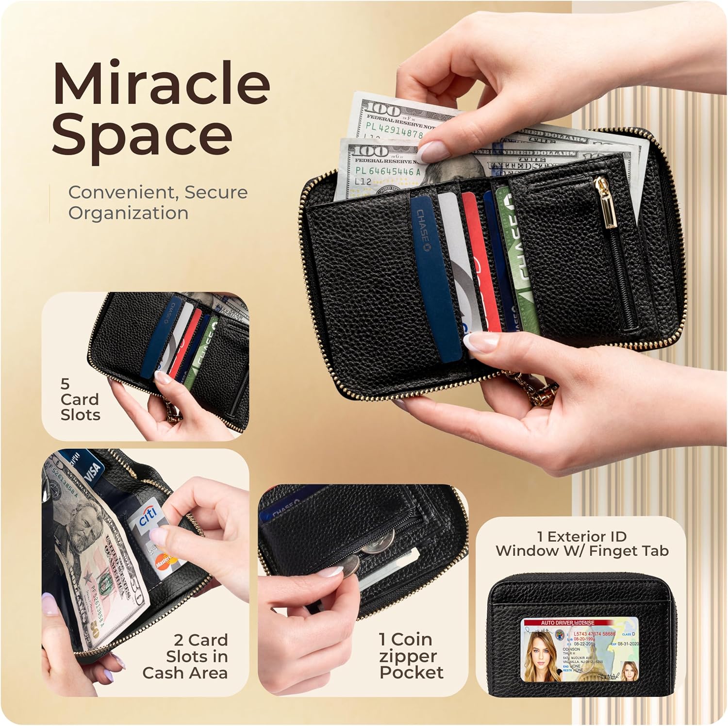 Ultra Slim Ladies Genuine Leather Bifold zipper wallet
