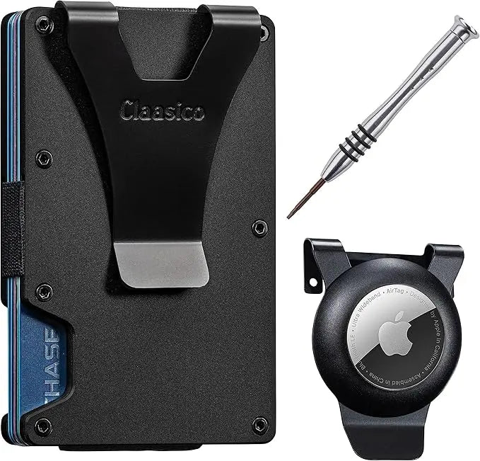 Claasico Slim Metal Wallet & Money Clip with Expandable Elastic Strap - Black