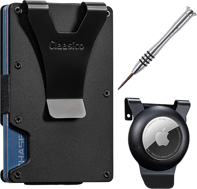 Claasico Slim Metal Wallet &amp; Money Clip with Expandable Elastic Strap | Compatible with Apple AirTag