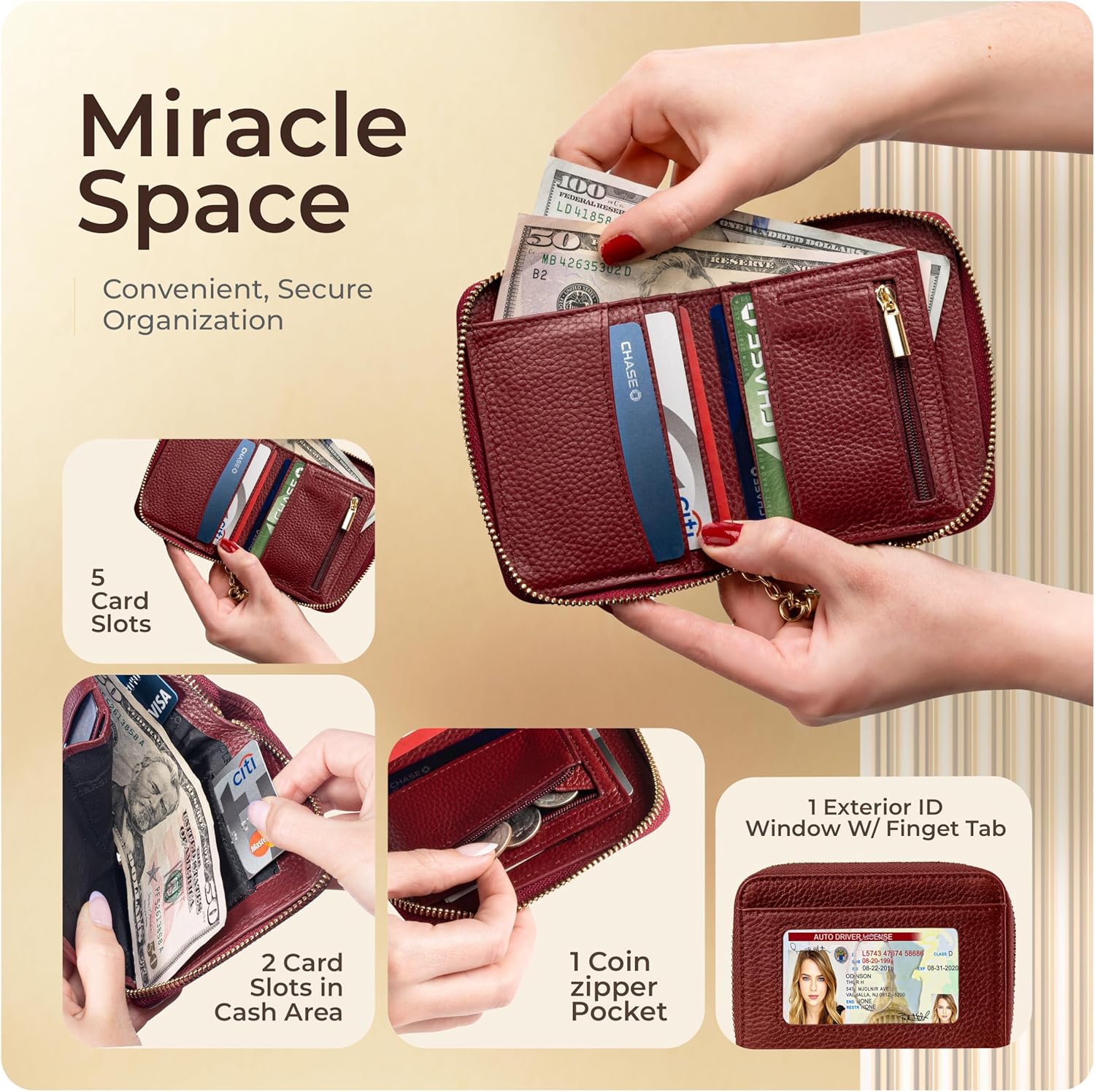 Ultra Slim Ladies Genuine Leather Bifold zipper wallet