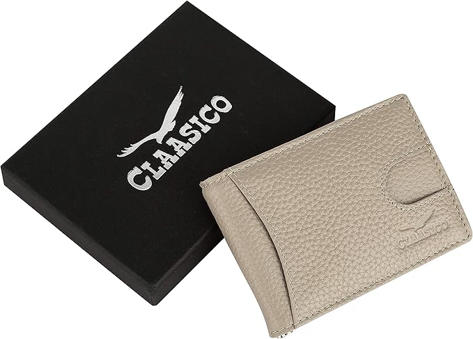 Small bifold leather money clip wallet with pull strap