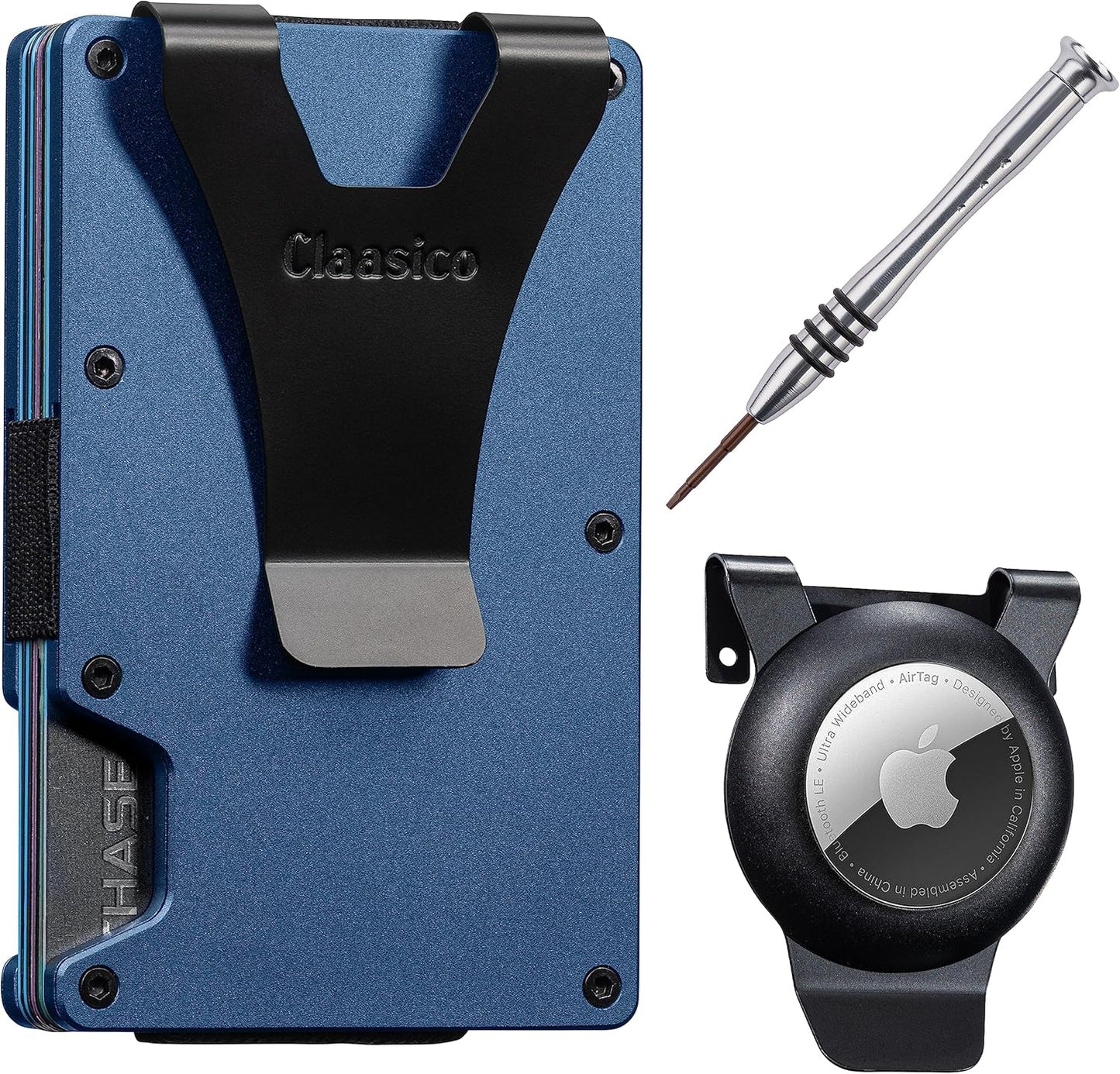 Claasico Slim Metal Wallet & Money Clip with Expandable Elastic Strap - Nevy Blue
