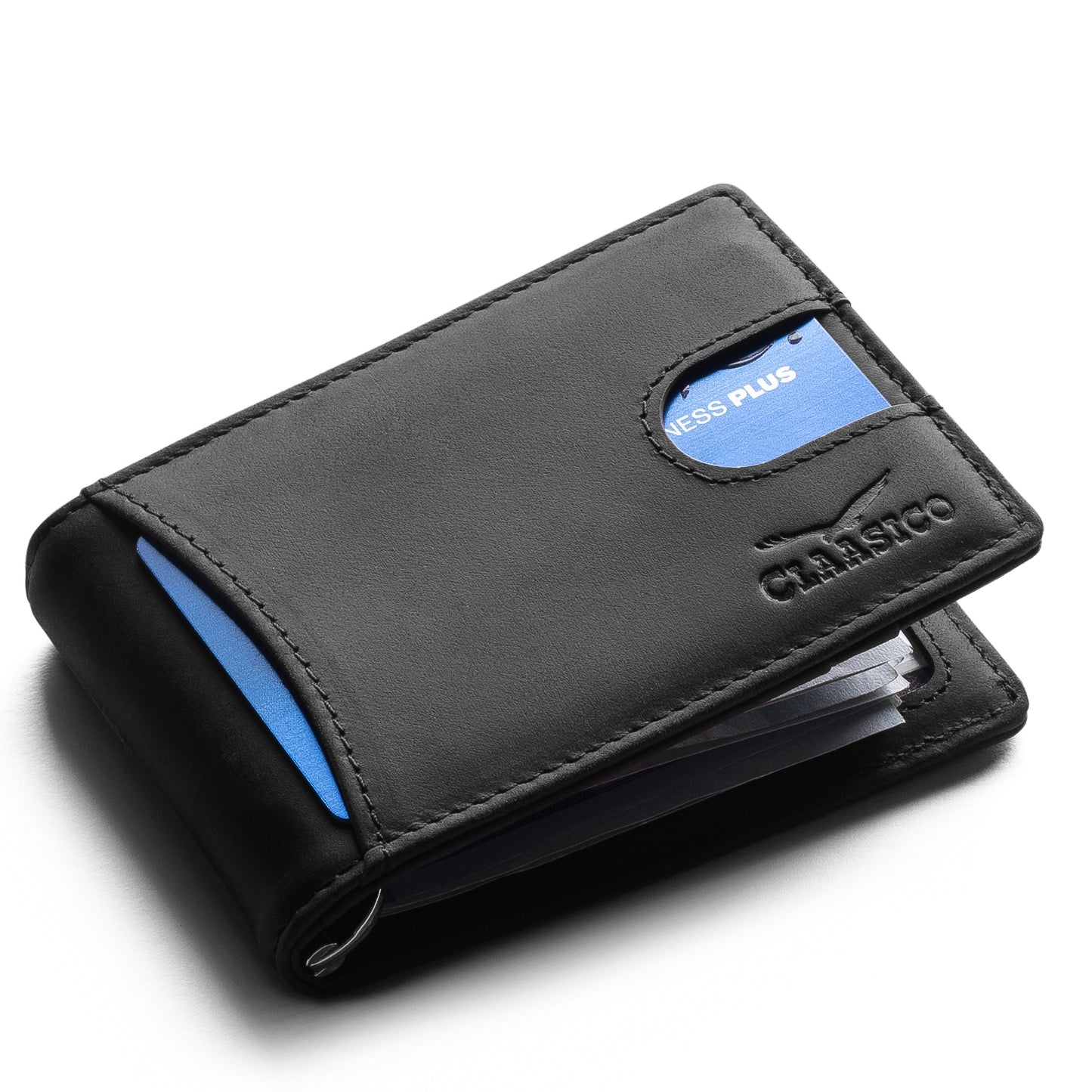 Small bifold leather money clip wallet with pull strap