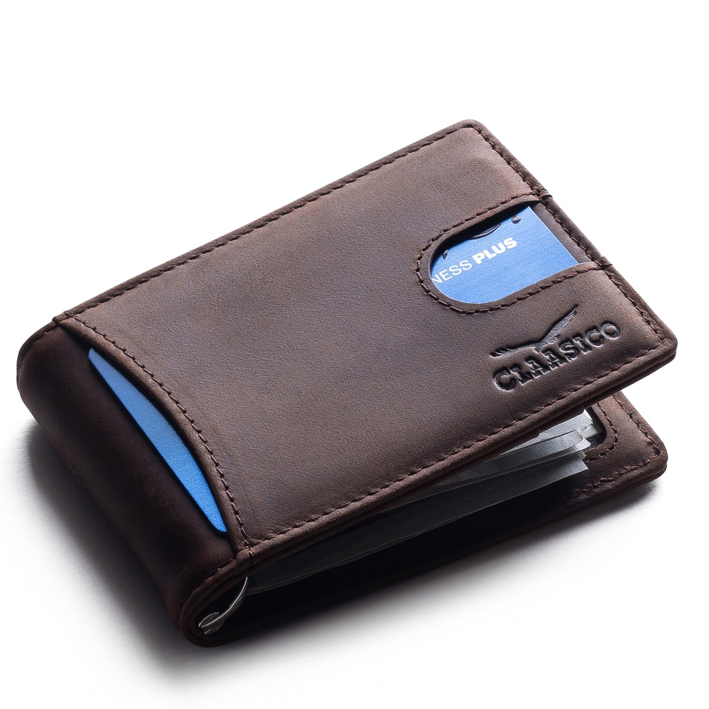 Small bifold leather money clip wallet with pull strap