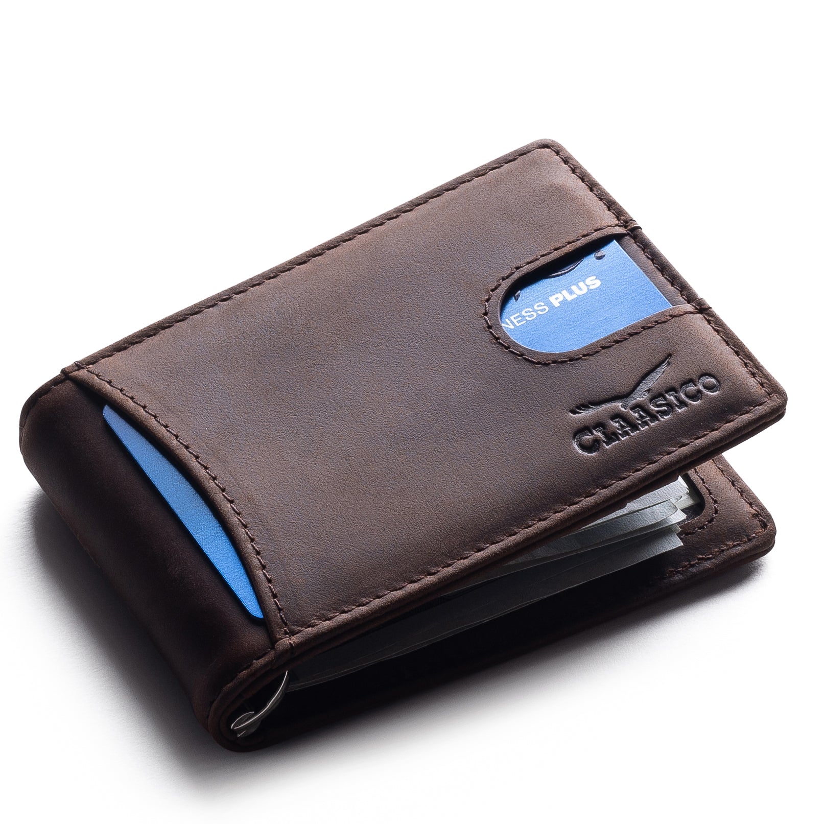 Small bifold leather money clip wallet with pull strap