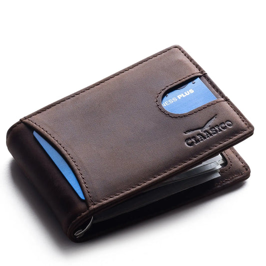 Small Bifold Leather Money Clip Wallet with Pull Strap - Brown