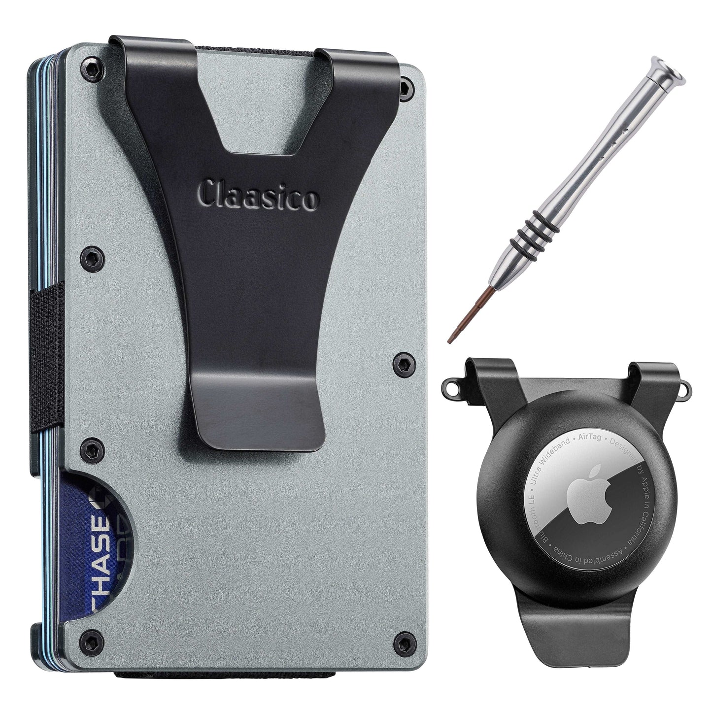 Claasico Slim Metal Wallet & Money Clip with Expandable Elastic Strap - Grey