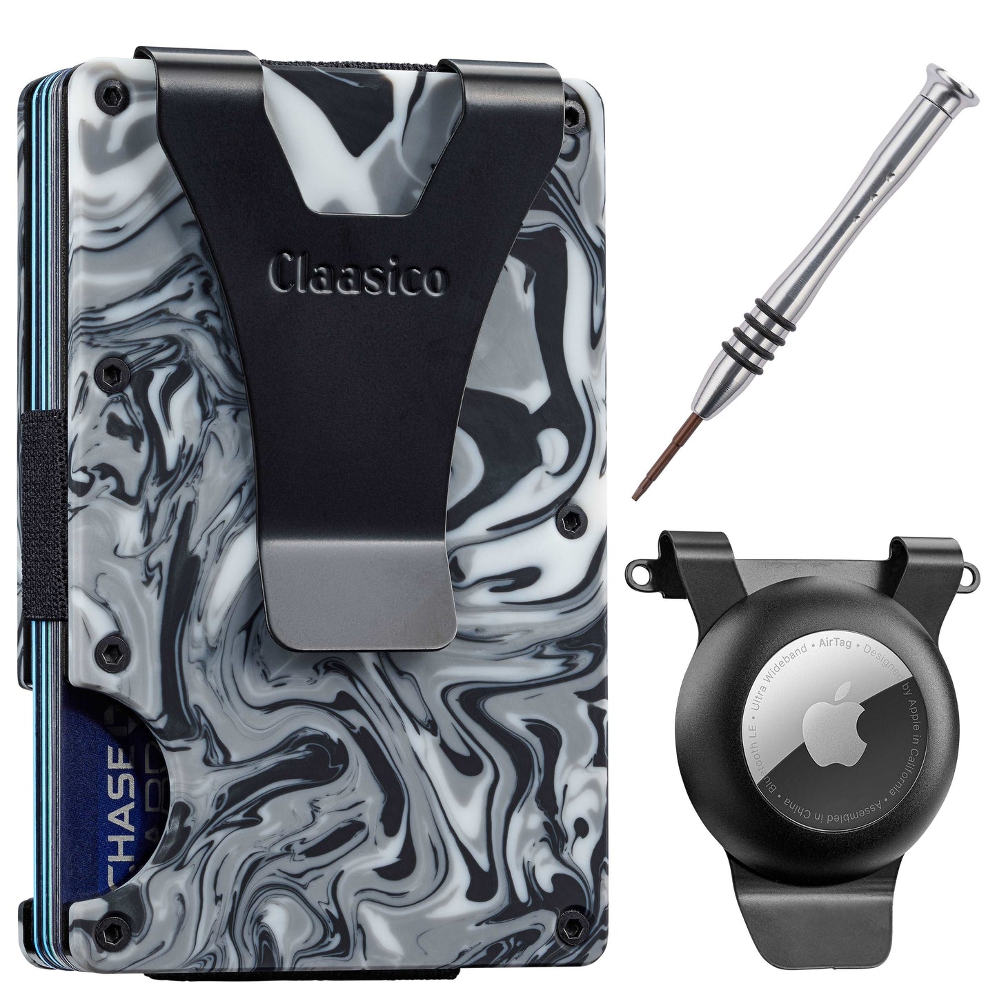 Claasico Slim Metal Wallet & Money Clip with Expandable Elastic Strap - Marble