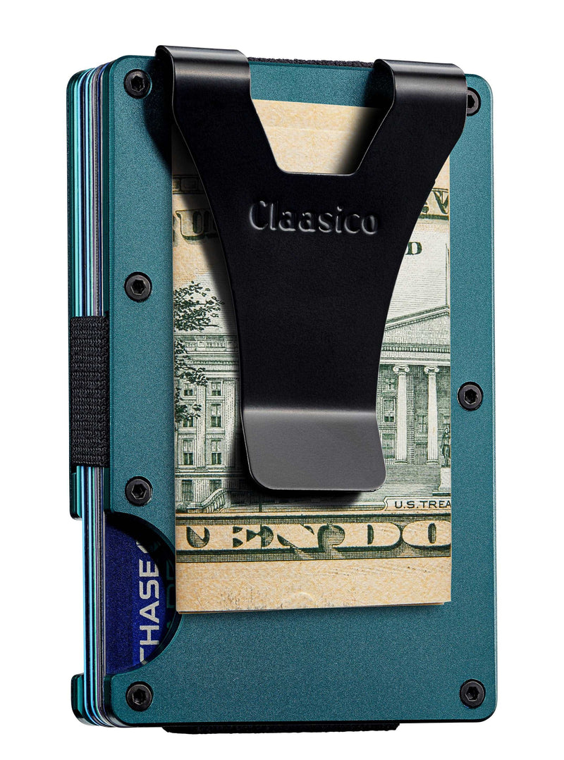 Slim Metal Wallet & Money Clip - Card Holder, Expandable Elastic Strap Compatible with Apple Airtag