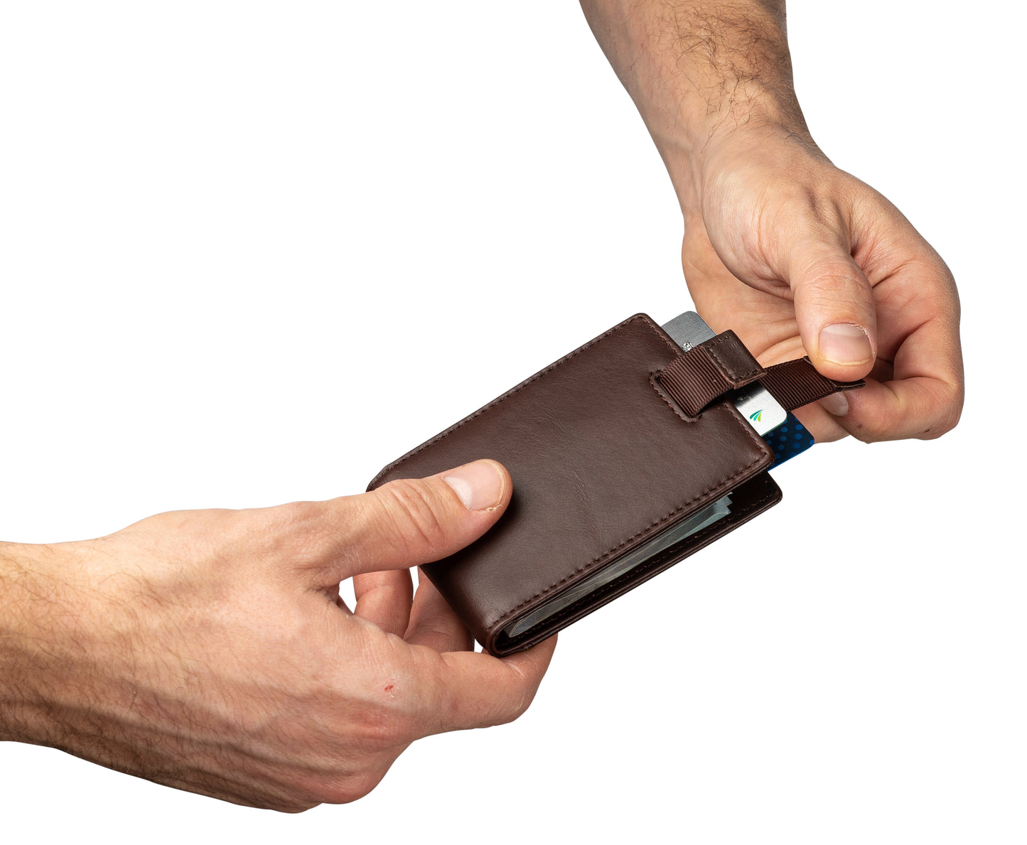 Small bifold leather money clip wallet with pull strap