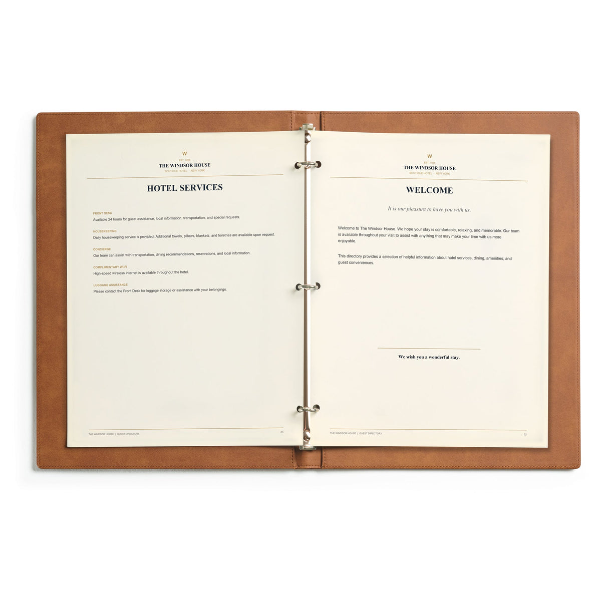 Custom Hotel Guest Directory Binder with Logo Branding claasico.com