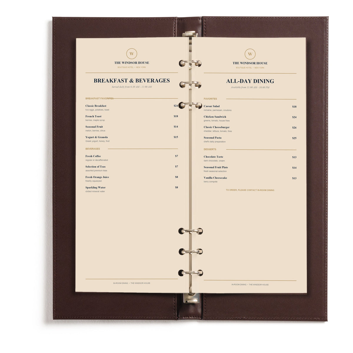 Custom Hotel In-Room Dining Menu Binder claasico.com