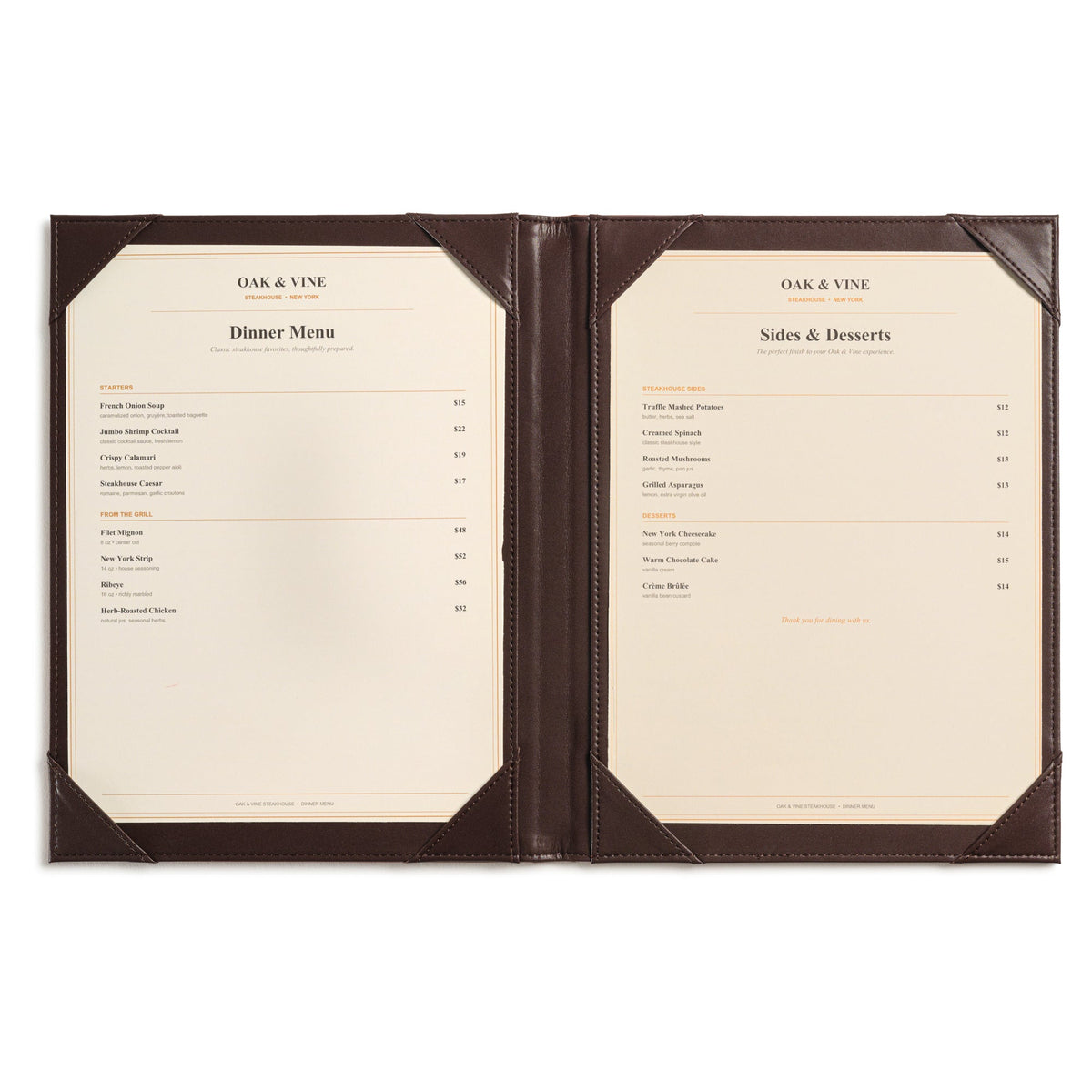 Custom Bi-Fold Restaurant Menu Cover with Logo Branding claasico.com
