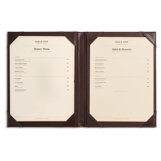 Custom Bi-Fold Restaurant Menu Cover with Logo Branding claasico.com