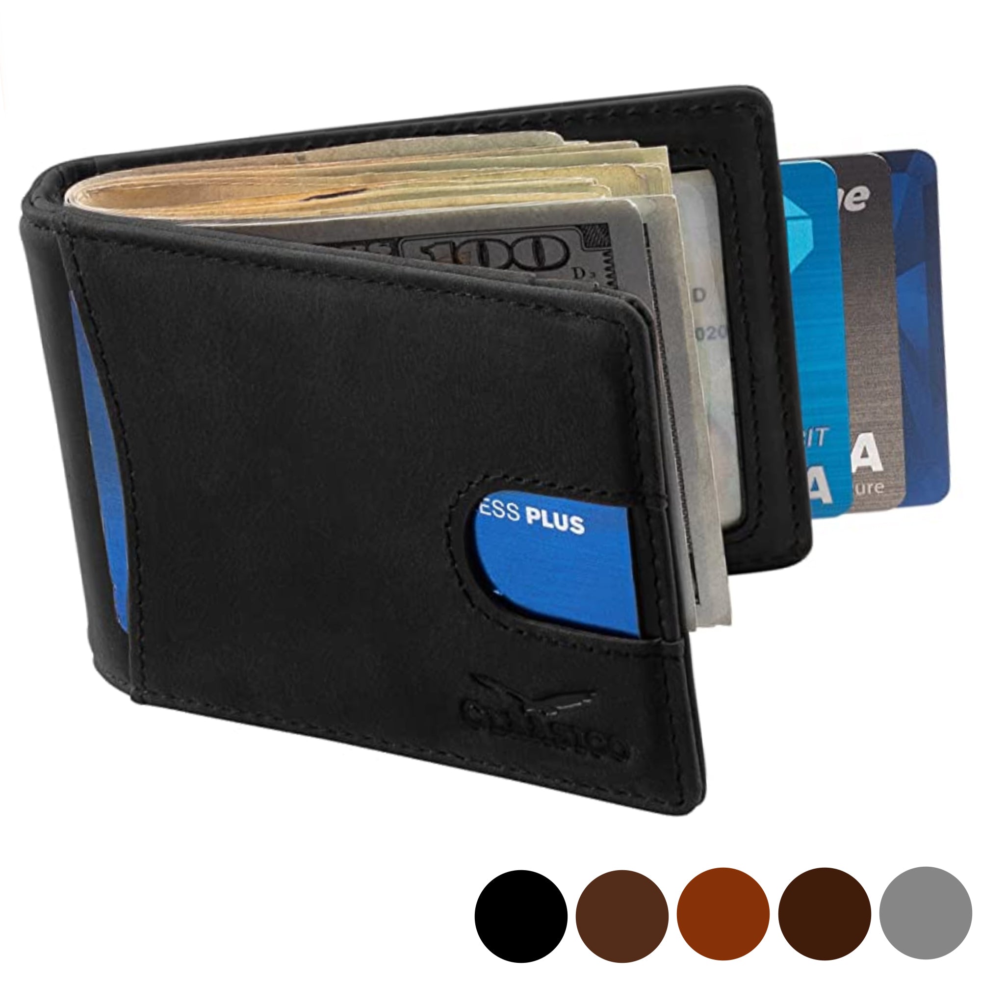 Small bifold leather money clip wallet with pull strap